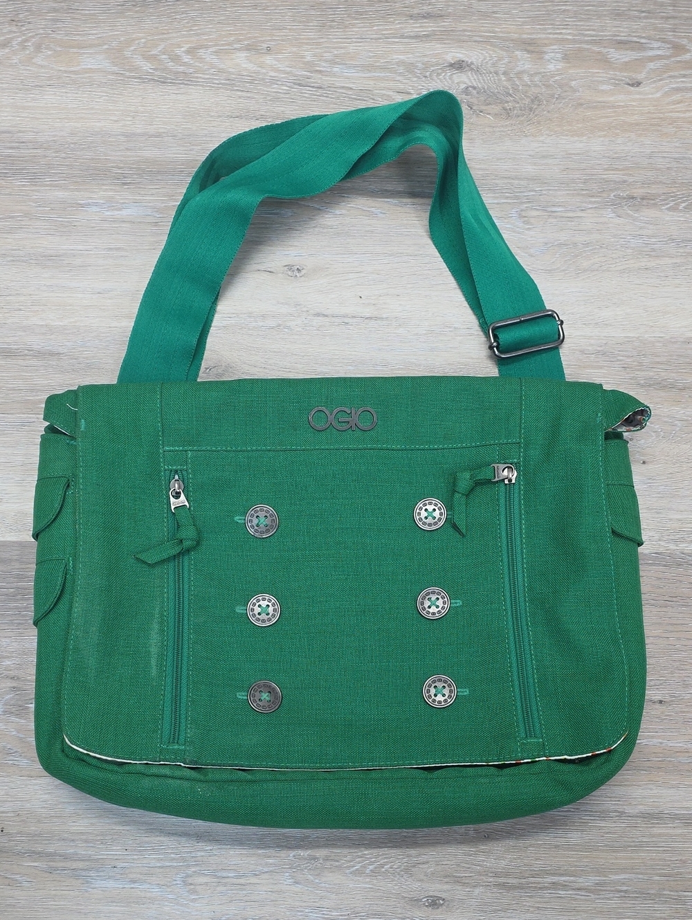 OGIO Green Canvas Messenger Laptop Bag Double-Breasted Button Crossbody Flap Bag